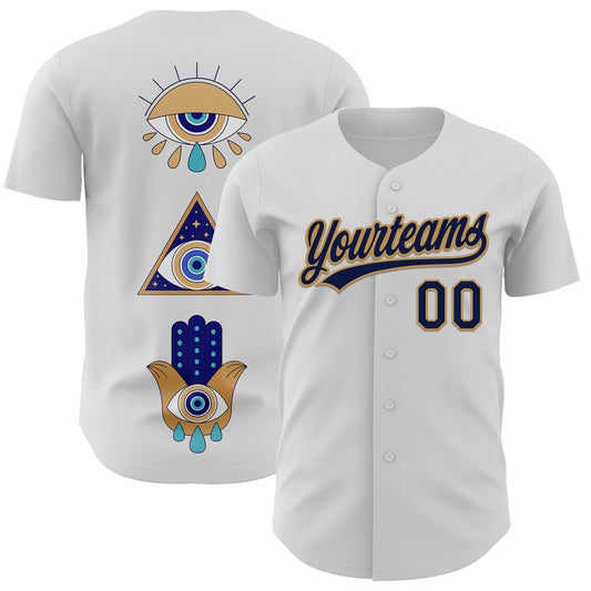 Custom White Navy-Old Gold 3D Pattern Design Evil Eyes Authentic Baseball Jersey - Main View
