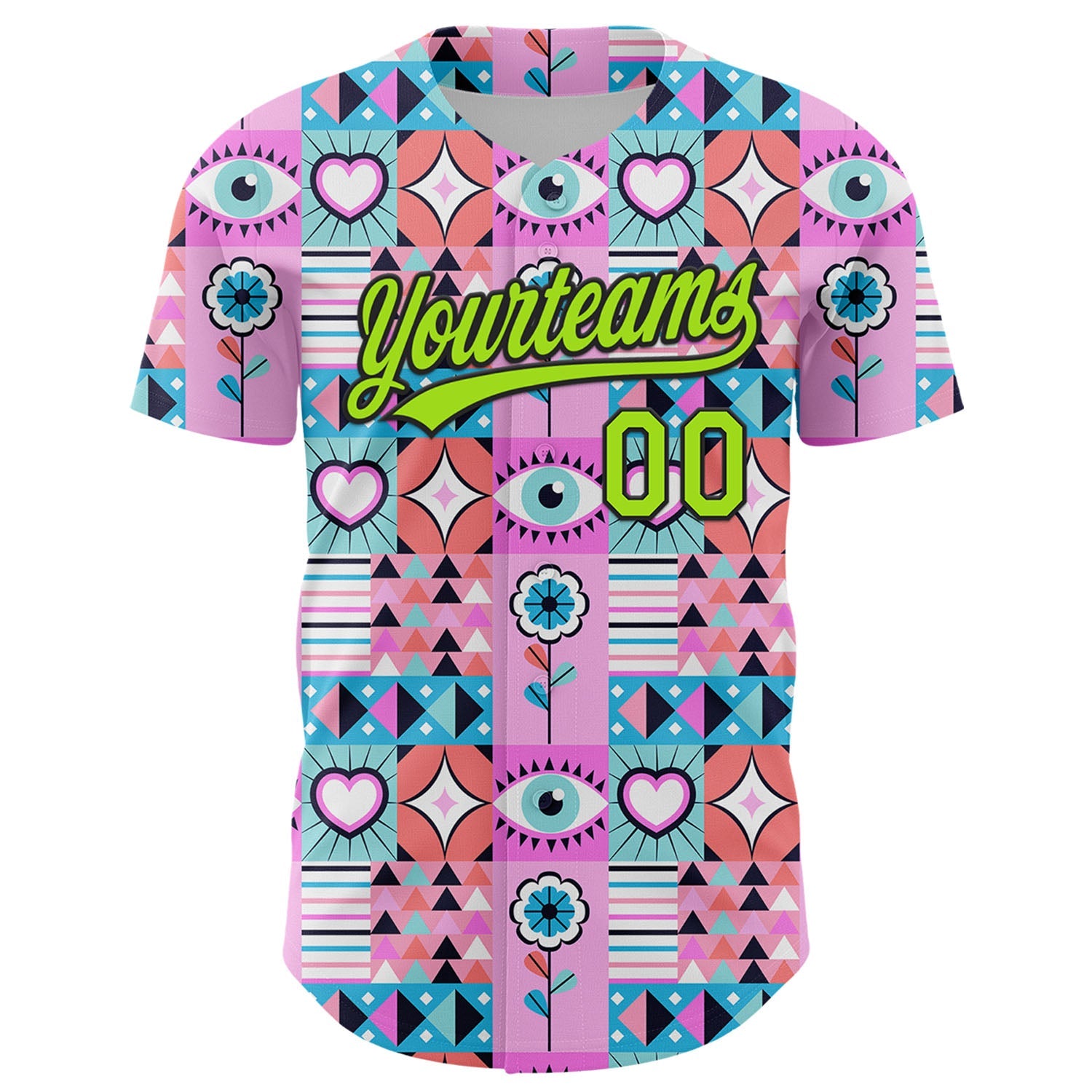 Custom Pink Neon Green-Black 3D Pattern Design Evil Eyes Authentic Baseball Jersey view 2