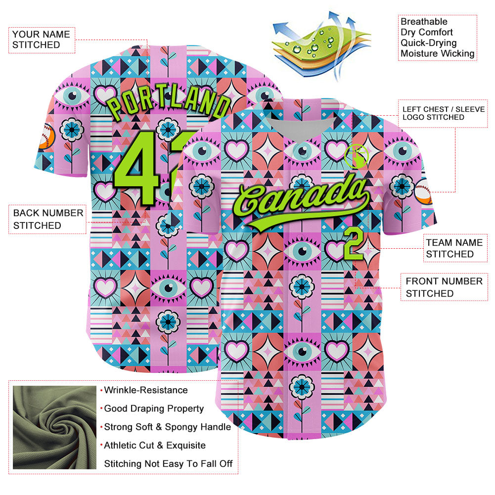 Custom Pink Neon Green-Black 3D Pattern Design Evil Eyes Authentic Baseball Jersey view 3