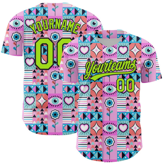 Custom Pink Neon Green-Black 3D Pattern Design Evil Eyes Authentic Baseball Jersey - Main View