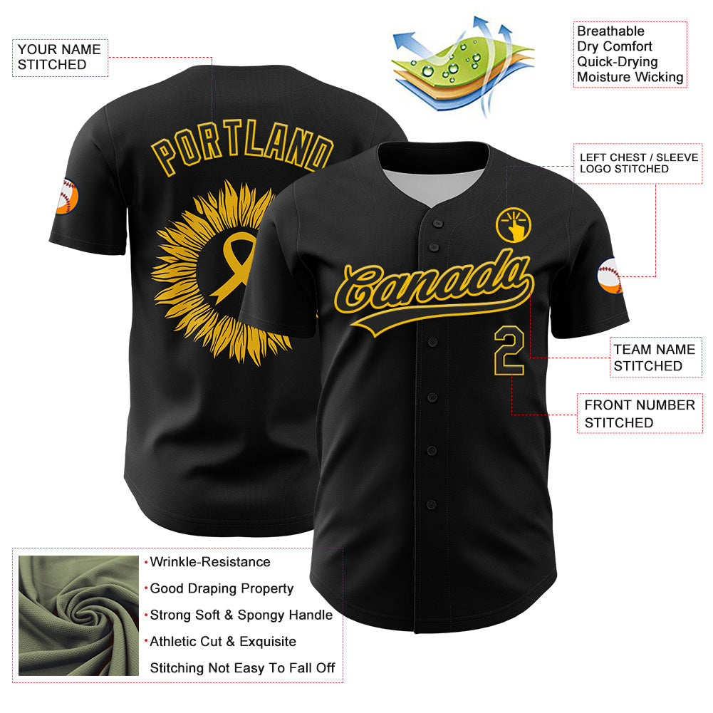 Custom Black Yellow 3D Childhood Cancer Gold Ribbon Authentic Baseball Jersey view 3