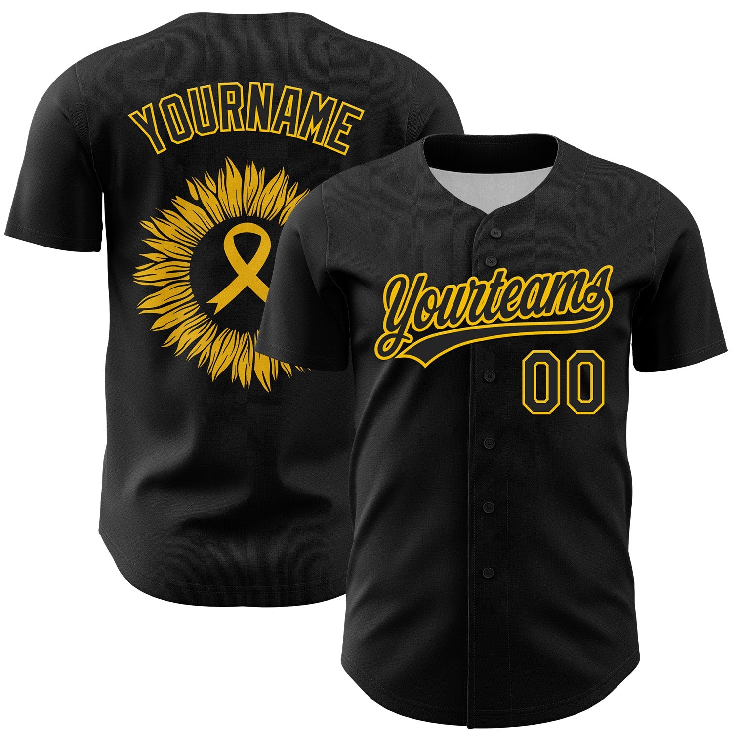 Custom Black Yellow 3D Childhood Cancer Gold Ribbon Authentic Baseball Jersey - Main View