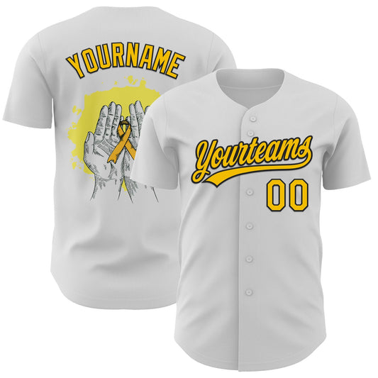 Custom White Yellow-Black 3D Childhood Cancer Gold Ribbon Authentic Baseball Jersey - Main View