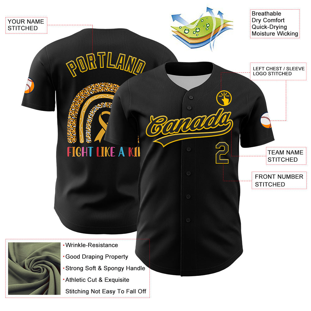 Custom Black Yellow 3D Childhood Cancer Gold Ribbon Authentic Baseball Jersey view 3