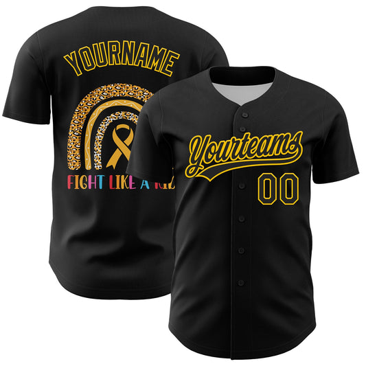 Custom Black Yellow 3D Childhood Cancer Gold Ribbon Authentic Baseball Jersey - Main View