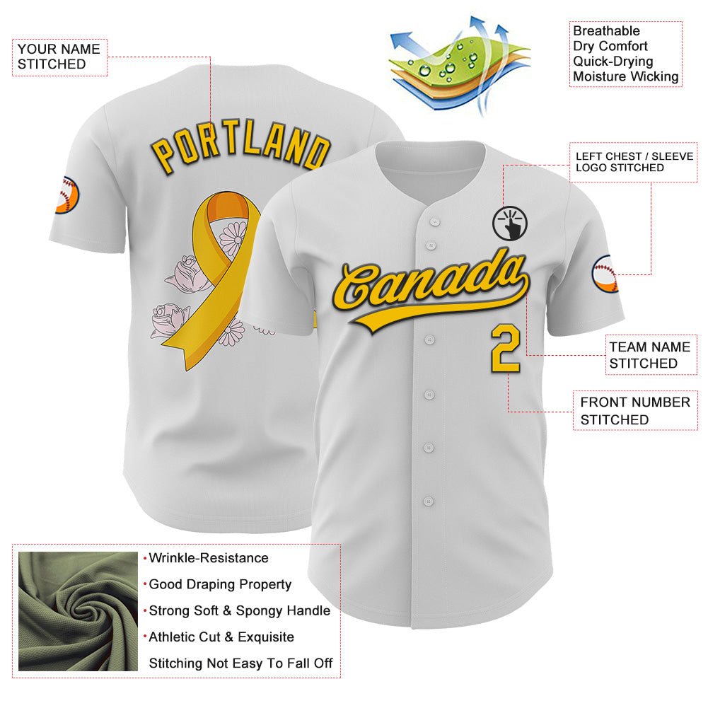 Custom White Yellow-Black 3D Childhood Cancer Gold Ribbon Authentic Baseball Jersey view 3