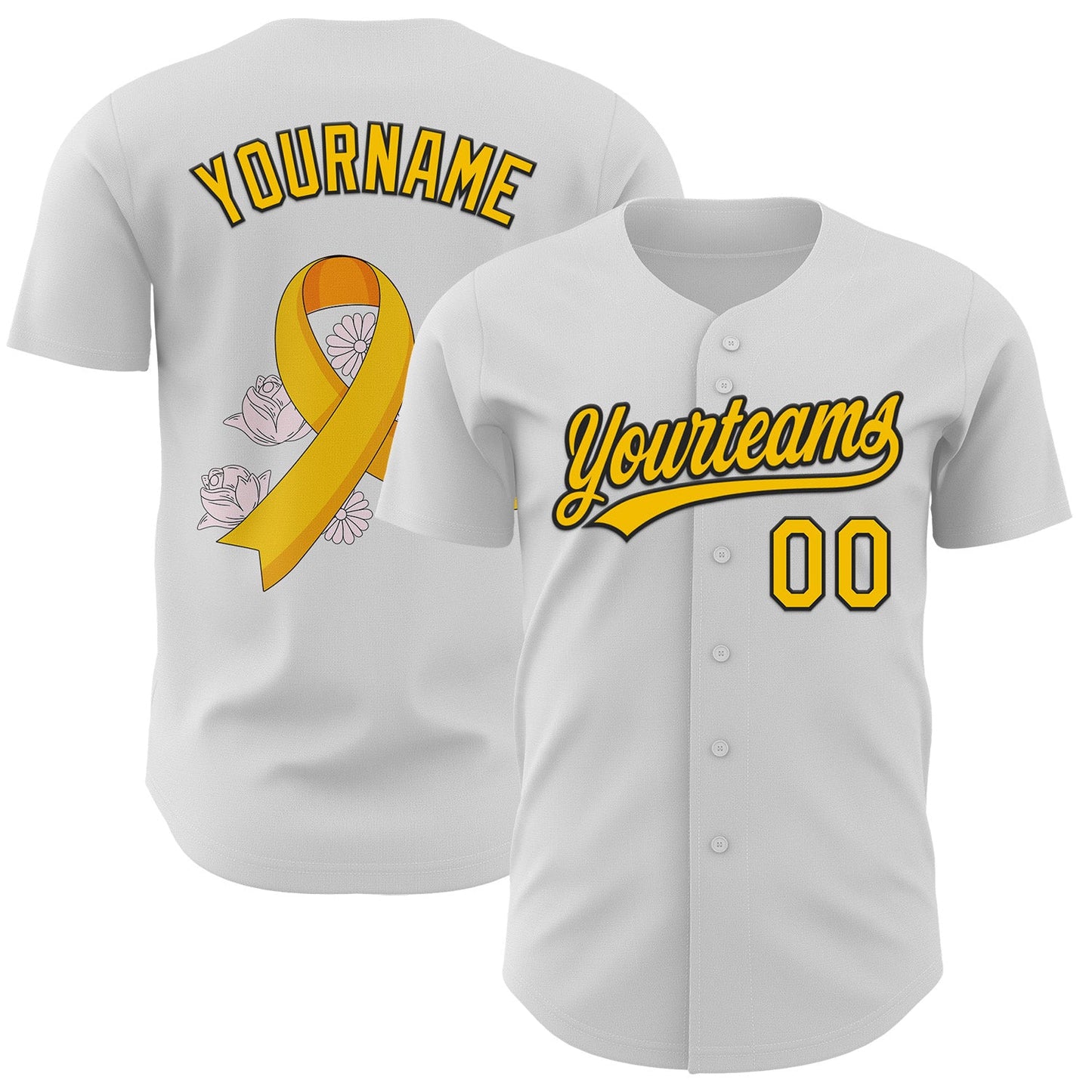 Custom White Yellow-Black 3D Childhood Cancer Gold Ribbon Authentic Baseball Jersey - Main View
