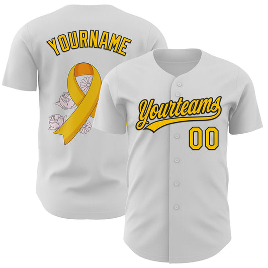 Custom White Yellow-Black 3D Childhood Cancer Gold Ribbon Authentic Baseball Jersey - Main View