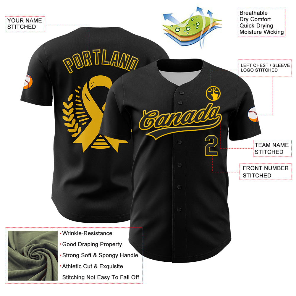 Custom Black Yellow 3D Childhood Cancer Gold Ribbon Authentic Baseball Jersey view 3