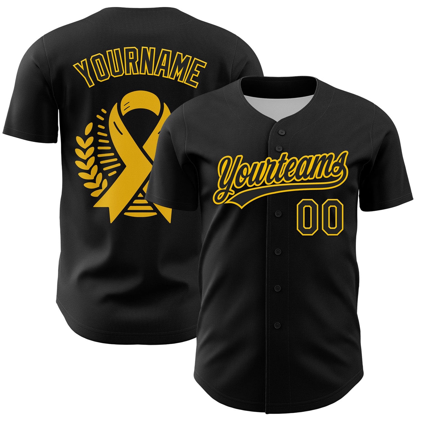 Custom Black Yellow 3D Childhood Cancer Gold Ribbon Authentic Baseball Jersey - Main View