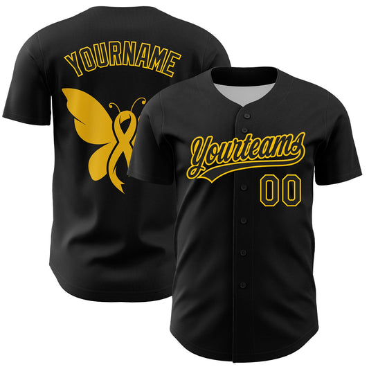 Custom Black Yellow 3D Childhood Cancer Gold Ribbon Authentic Baseball Jersey - Main View