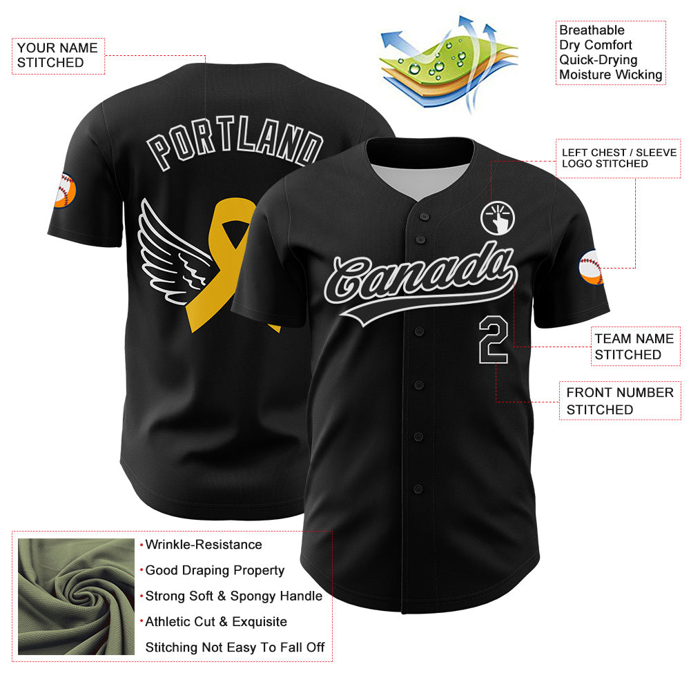 Custom Black White-Yellow 3D Childhood Cancer Gold Ribbon Authentic Baseball Jersey view 3