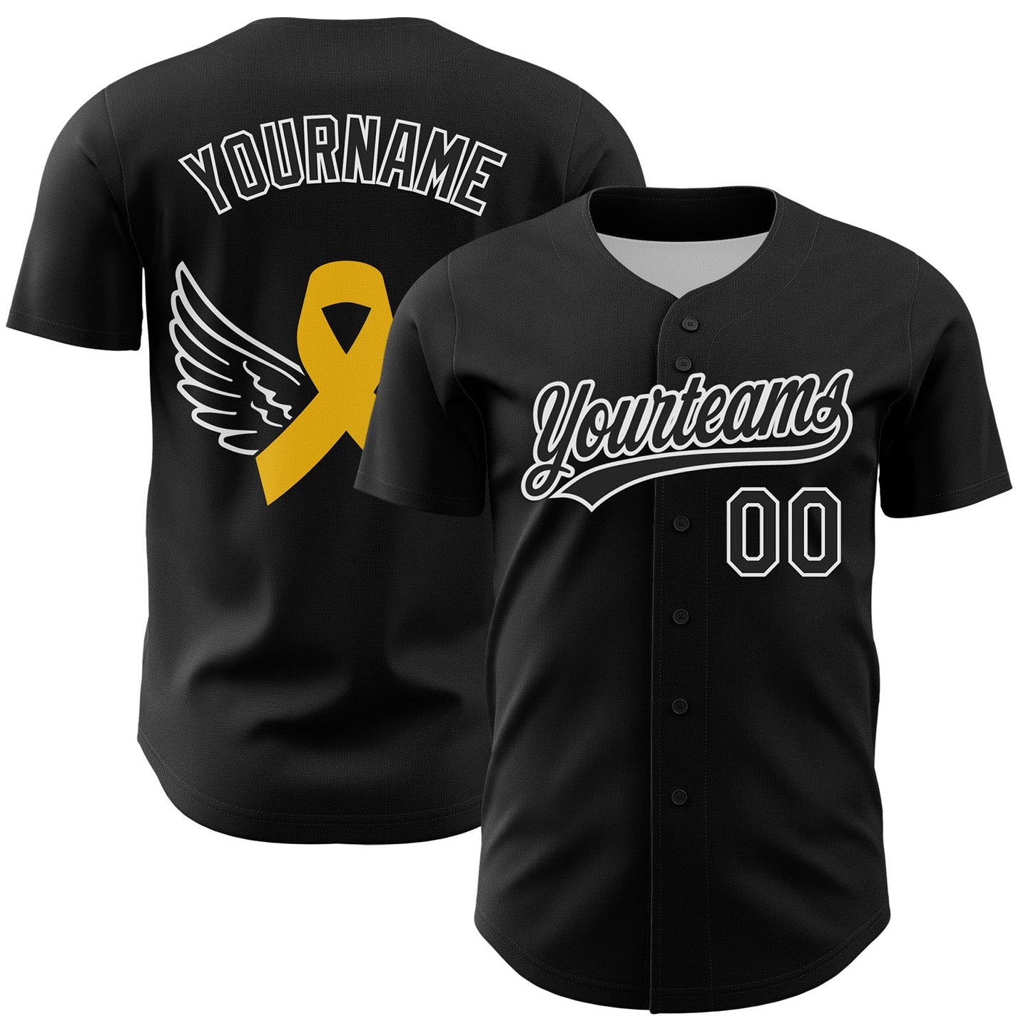 Custom Black White-Yellow 3D Childhood Cancer Gold Ribbon Authentic Baseball Jersey - Main View