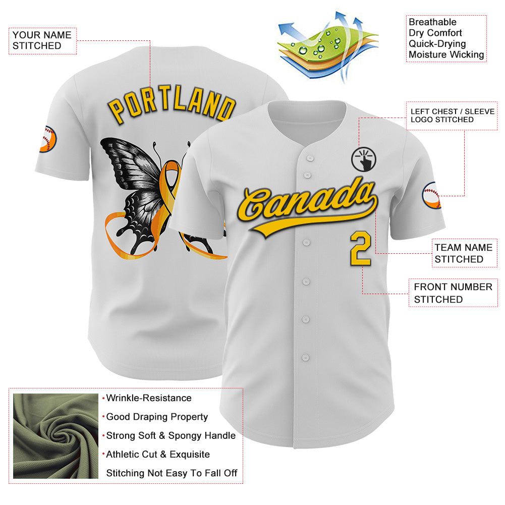 Custom White Yellow-Black 3D Childhood Cancer Gold Ribbon Authentic Baseball Jersey view 3