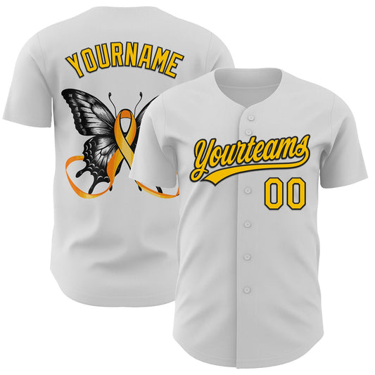 Custom White Yellow-Black 3D Childhood Cancer Gold Ribbon Authentic Baseball Jersey - Main View