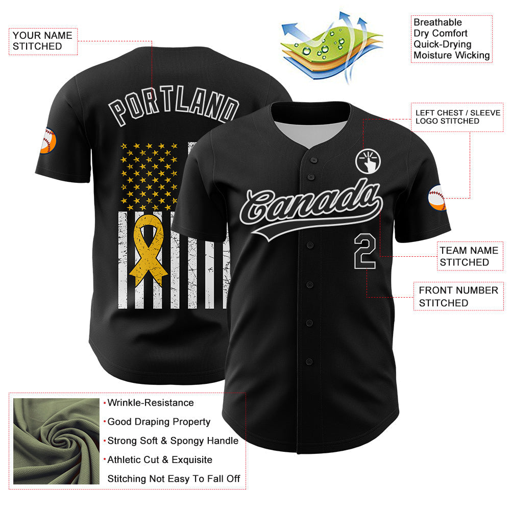 Custom Black White-Yellow 3D Childhood Cancer Gold Ribbon American Flag Authentic Baseball Jersey view 3