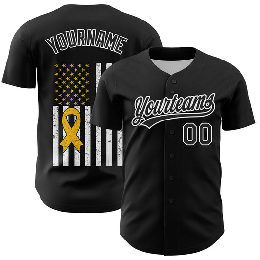 Custom Black White-Yellow 3D Childhood Cancer Gold Ribbon American Flag Authentic Baseball Jersey - Main View