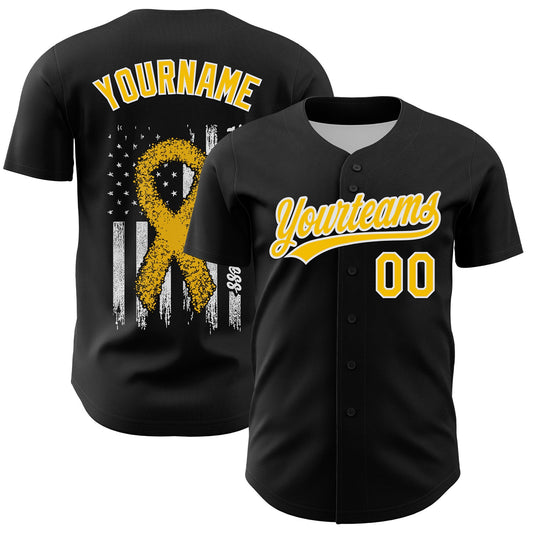 Custom Black Yellow-White 3D Childhood Cancer Gold Ribbon American Flag Authentic Baseball Jersey - Main View