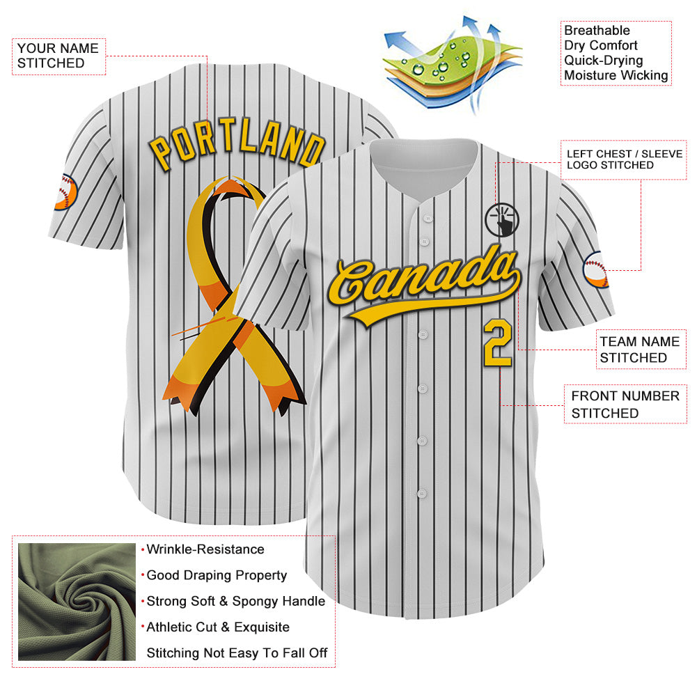 Custom White Black Pinstripe Yellow 3D Childhood Cancer Gold Ribbon Authentic Baseball Jersey view 3