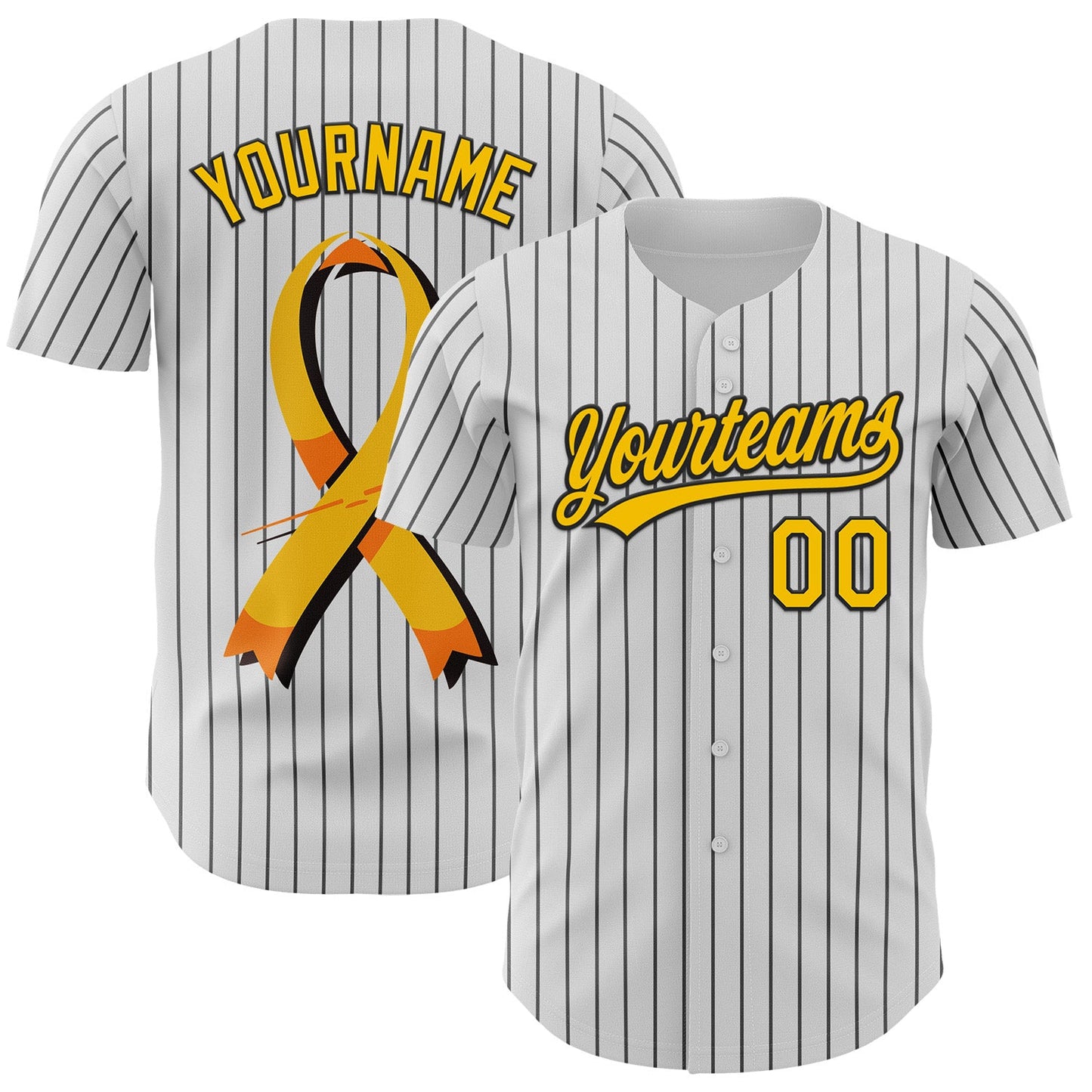 Custom White Black Pinstripe Yellow 3D Childhood Cancer Gold Ribbon Authentic Baseball Jersey - Main View