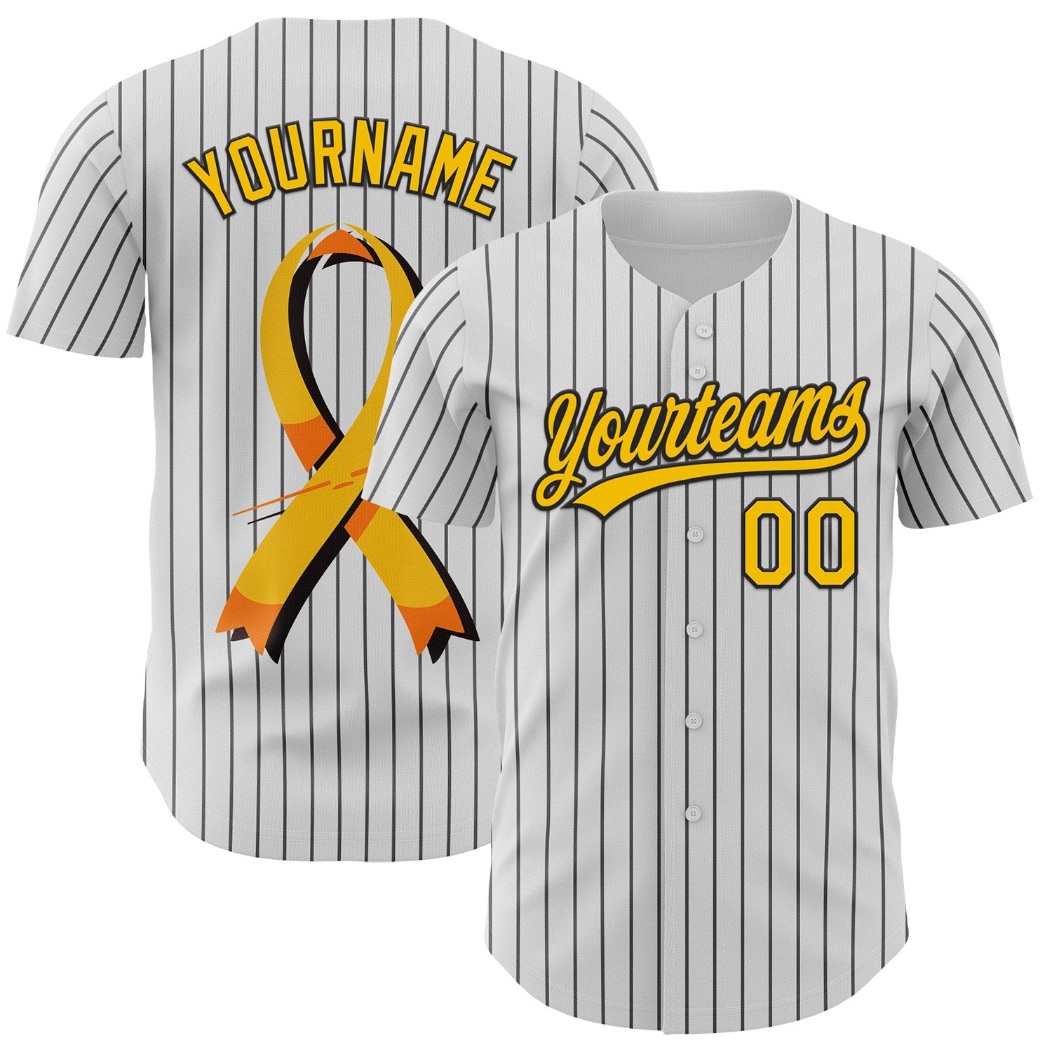 Custom White Black Pinstripe Yellow 3D Childhood Cancer Gold Ribbon Authentic Baseball Jersey - Main View