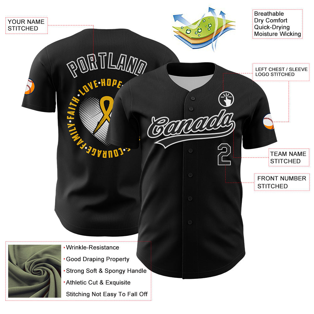 Custom Black Yellow-White 3D Childhood Cancer Gold Ribbon Authentic Baseball Jersey view 3