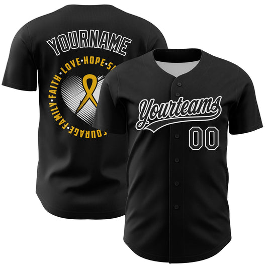 Custom Black Yellow-White 3D Childhood Cancer Gold Ribbon Authentic Baseball Jersey - Main View