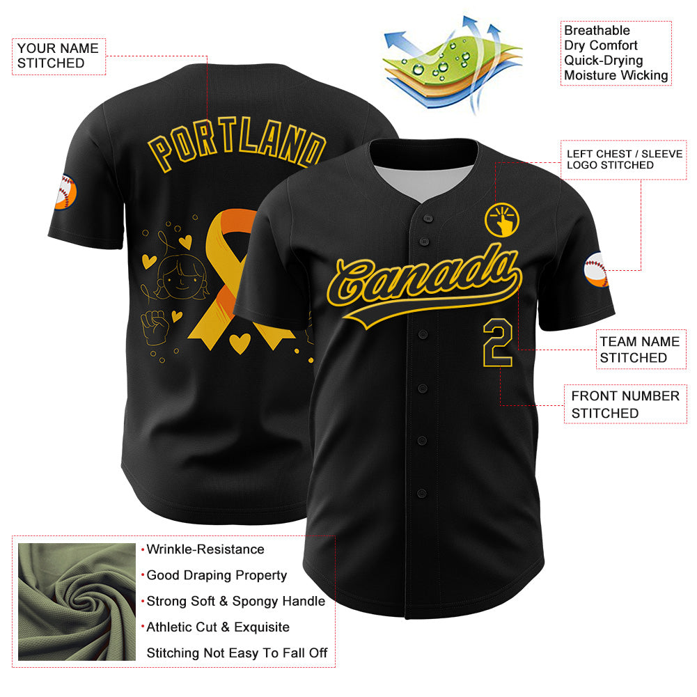 Custom Black Yellow 3D Childhood Cancer Gold Ribbon Authentic Baseball Jersey view 3