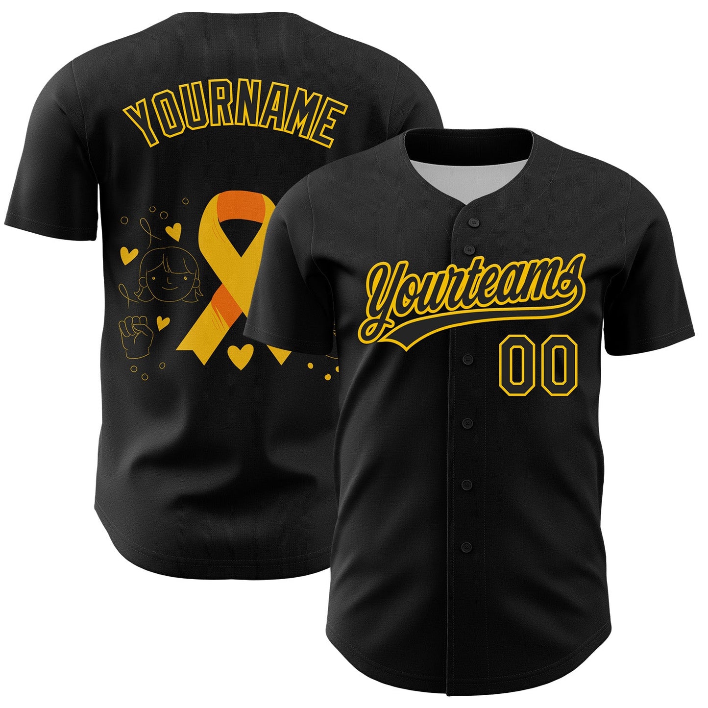 Custom Black Yellow 3D Childhood Cancer Gold Ribbon Authentic Baseball Jersey - Main View