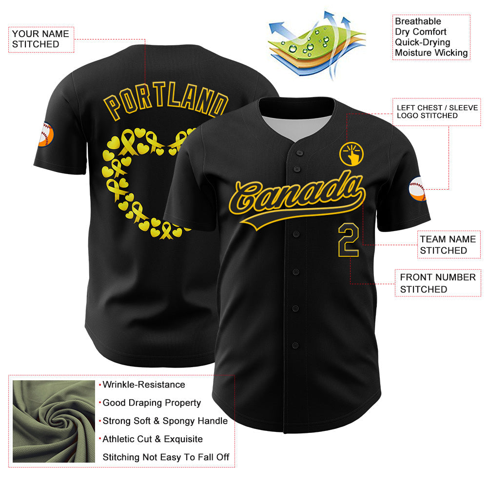 Custom Black Yellow 3D Childhood Cancer Gold Ribbon Authentic Baseball Jersey view 3