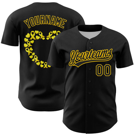 Custom Black Yellow 3D Childhood Cancer Gold Ribbon Authentic Baseball Jersey - Main View