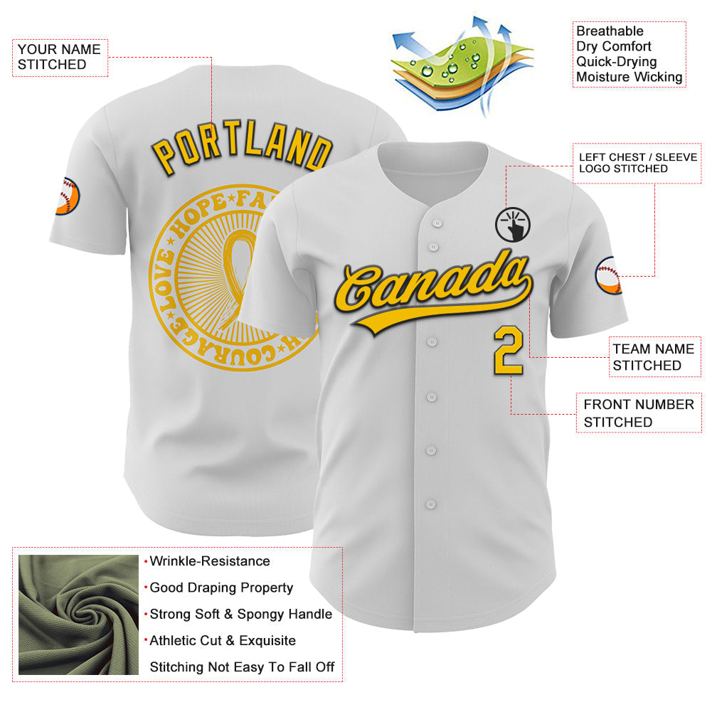 Custom White Yellow-Black 3D Childhood Cancer Gold Ribbon Authentic Baseball Jersey view 3