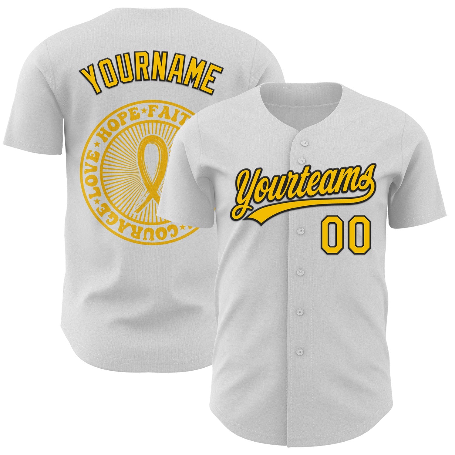 Custom White Yellow-Black 3D Childhood Cancer Gold Ribbon Authentic Baseball Jersey - Main View