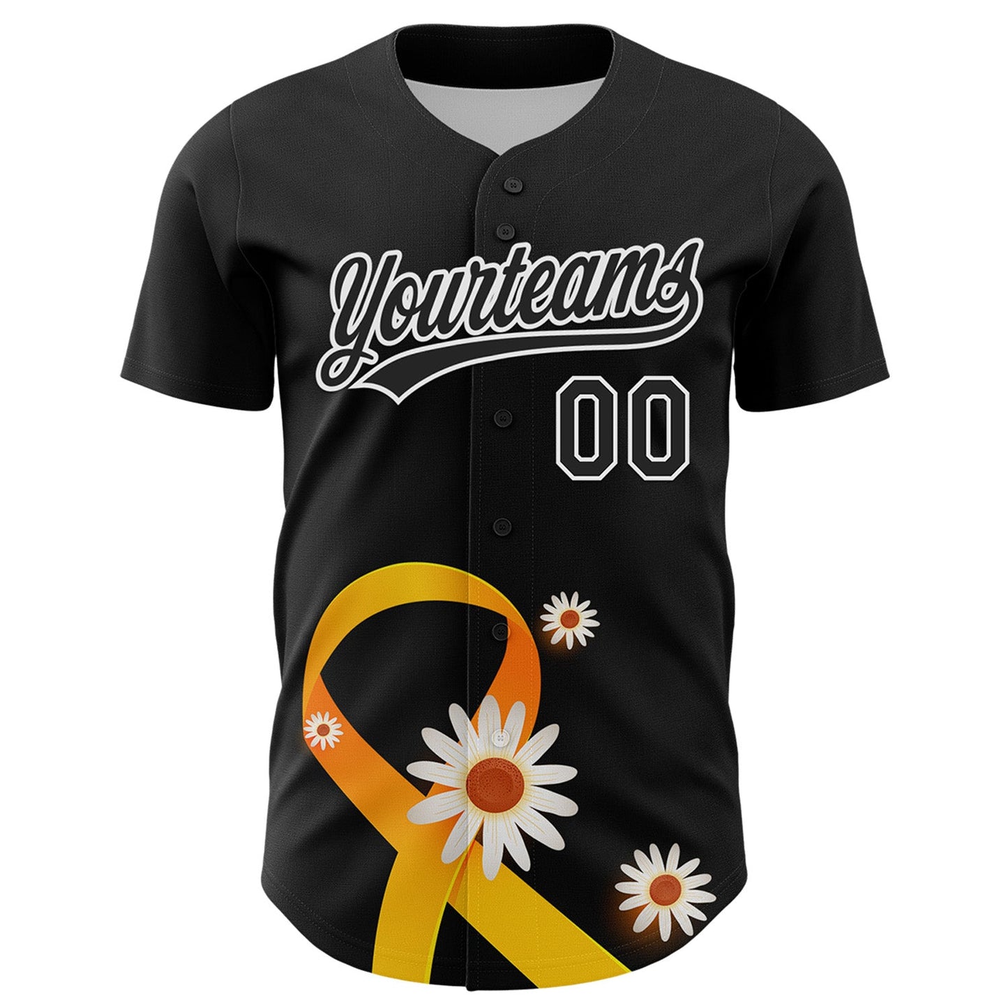 Custom Black Yellow-White 3D Childhood Cancer Gold Ribbon Authentic Baseball Jersey view 2