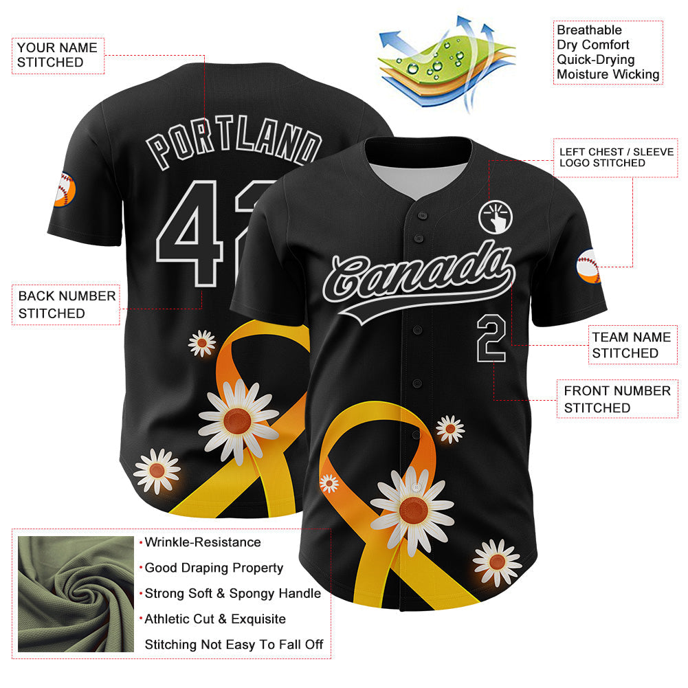 Custom Black Yellow-White 3D Childhood Cancer Gold Ribbon Authentic Baseball Jersey view 3