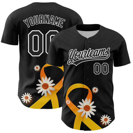 Custom Black Yellow-White 3D Childhood Cancer Gold Ribbon Authentic Baseball Jersey - Main View