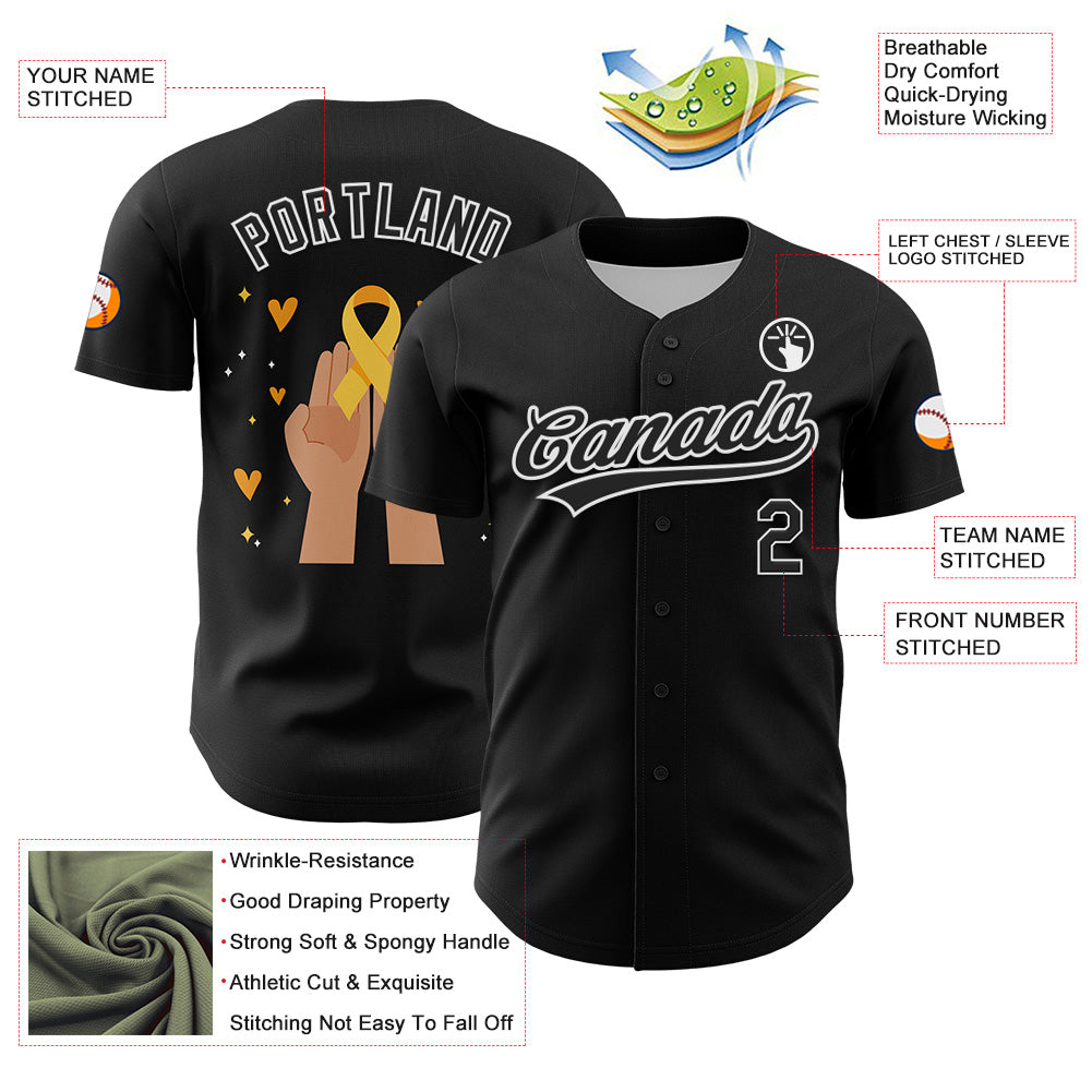Custom Black Yellow-White 3D Childhood Cancer Gold Ribbon Authentic Baseball Jersey view 3