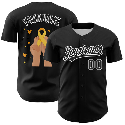 Custom Black Yellow-White 3D Childhood Cancer Gold Ribbon Authentic Baseball Jersey - Main View