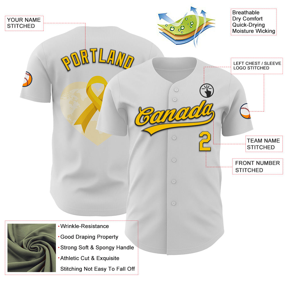 Custom White Yellow-Black 3D Childhood Cancer Gold Ribbon Authentic Baseball Jersey view 3