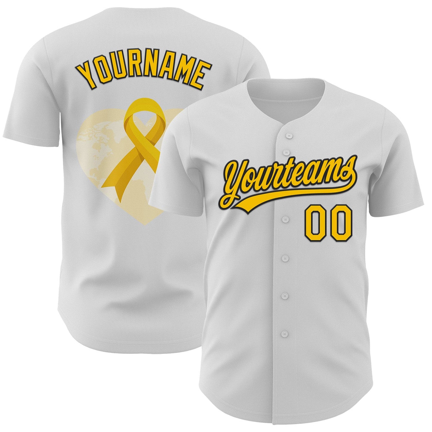 Custom White Yellow-Black 3D Childhood Cancer Gold Ribbon Authentic Baseball Jersey - Main View