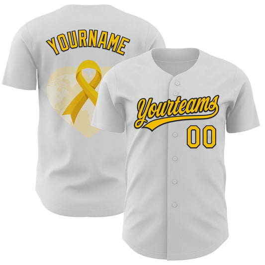 Custom White Yellow-Black 3D Childhood Cancer Gold Ribbon Authentic Baseball Jersey - Main View