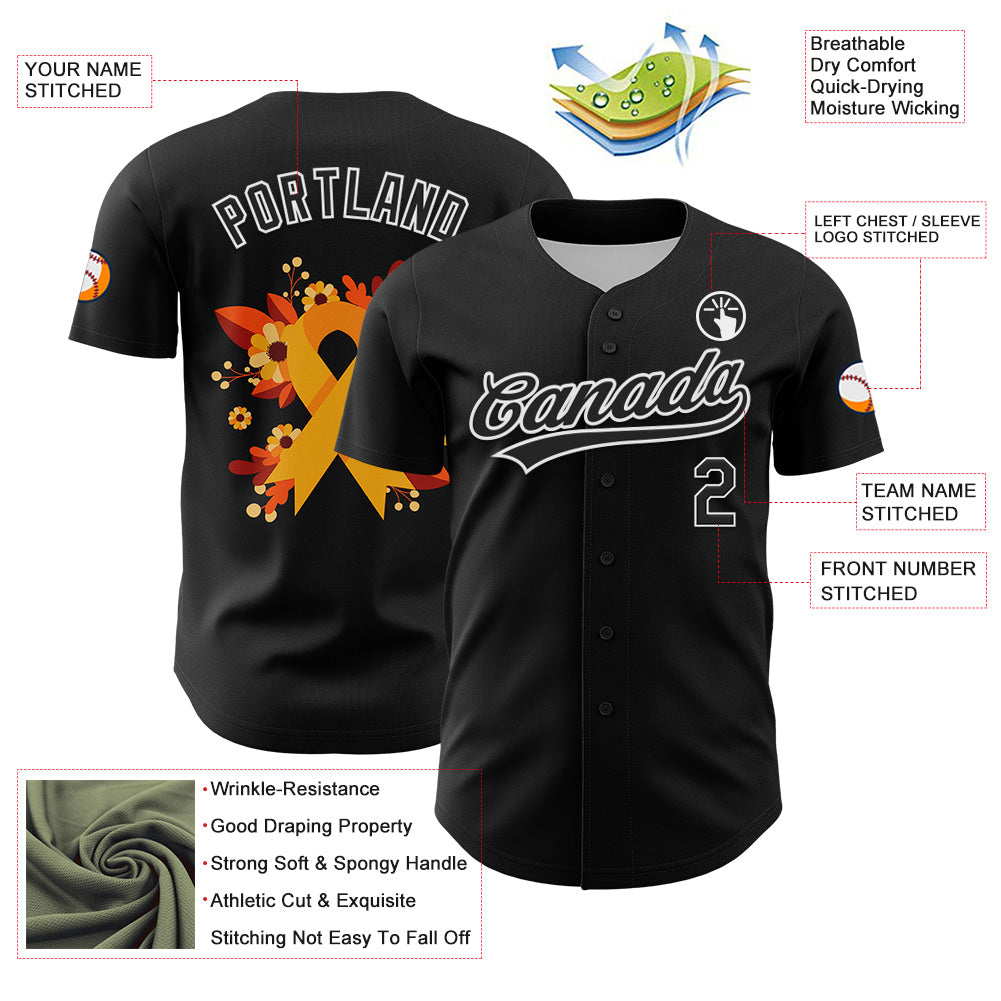 Custom Black Yellow-White 3D Childhood Cancer Gold Ribbon Authentic Baseball Jersey view 3