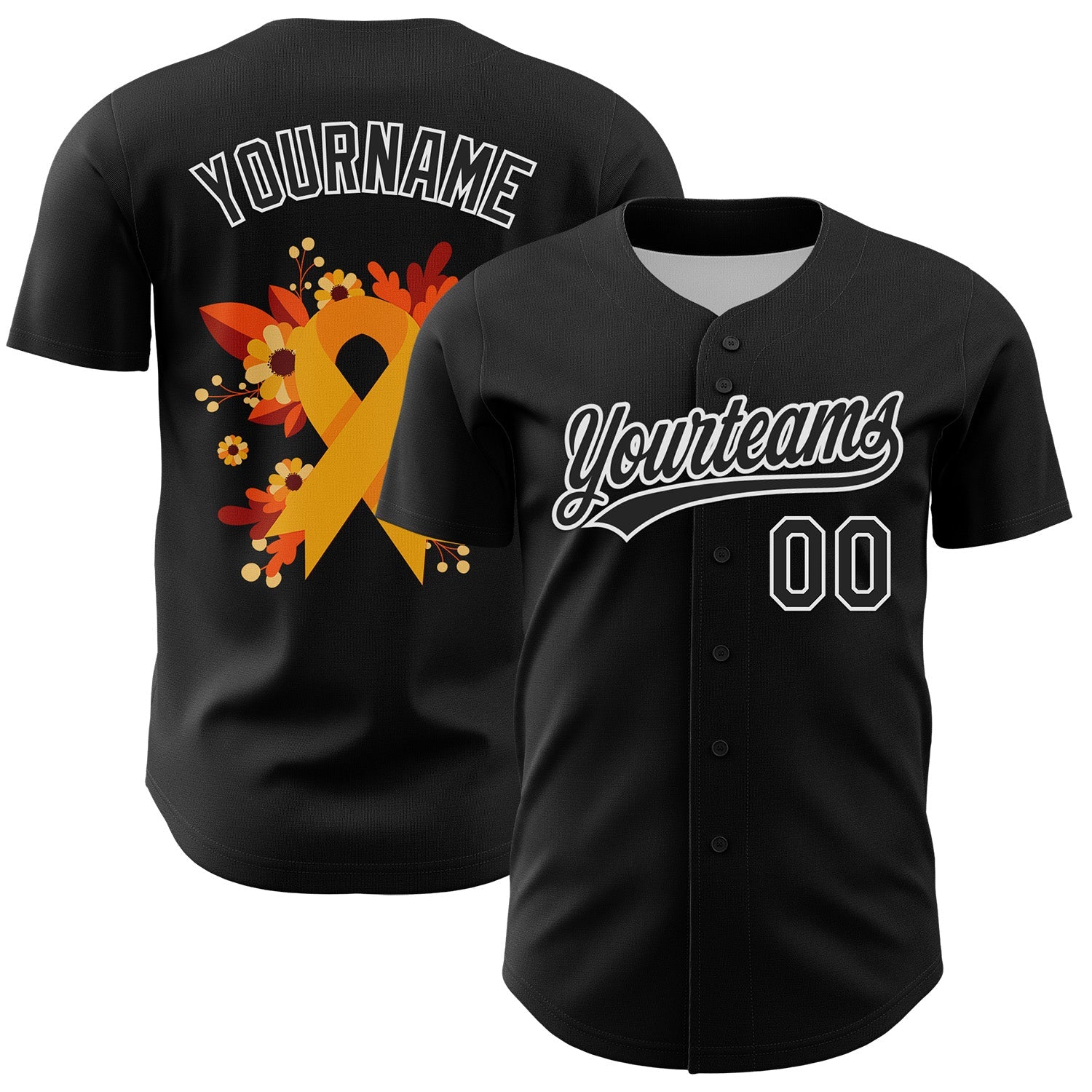 Custom Black Yellow-White 3D Childhood Cancer Gold Ribbon Authentic Baseball Jersey - Main View