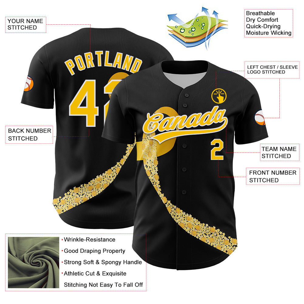 Custom Black Yellow-White 3D Childhood Cancer Gold Ribbon Authentic Baseball Jersey view 3