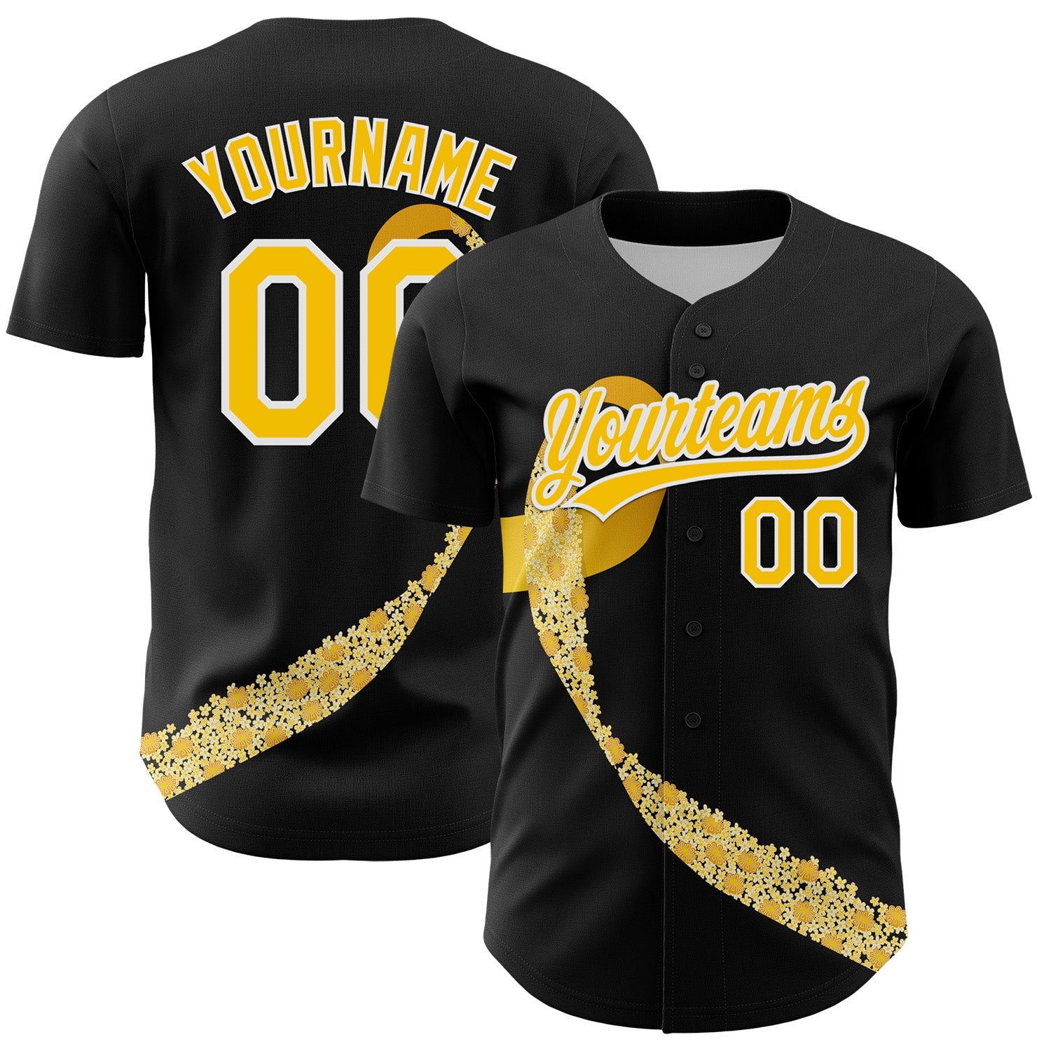 Custom Black Yellow-White 3D Childhood Cancer Gold Ribbon Authentic Baseball Jersey - Main View