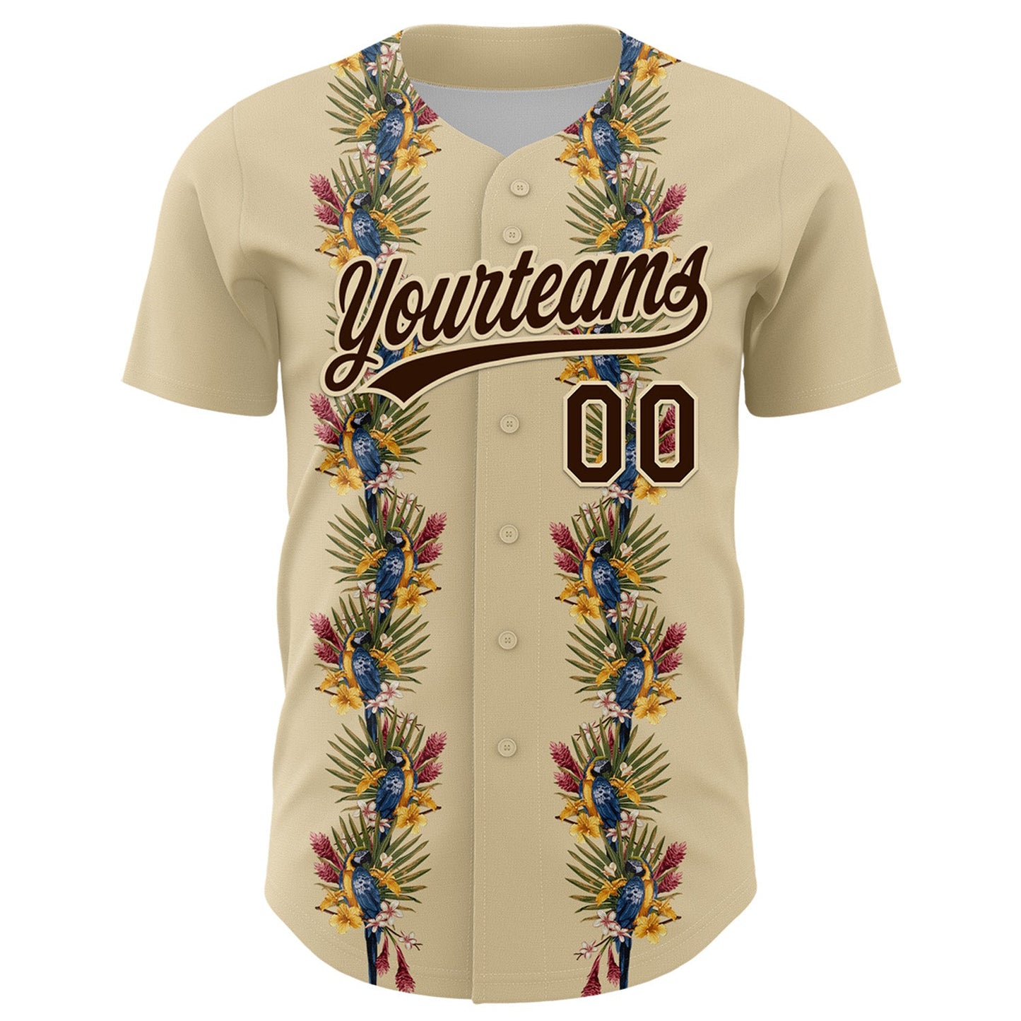 Custom Cream Brown 3D Tropical Hawaii Palm Tree And Bird Authentic Baseball Jersey view 2