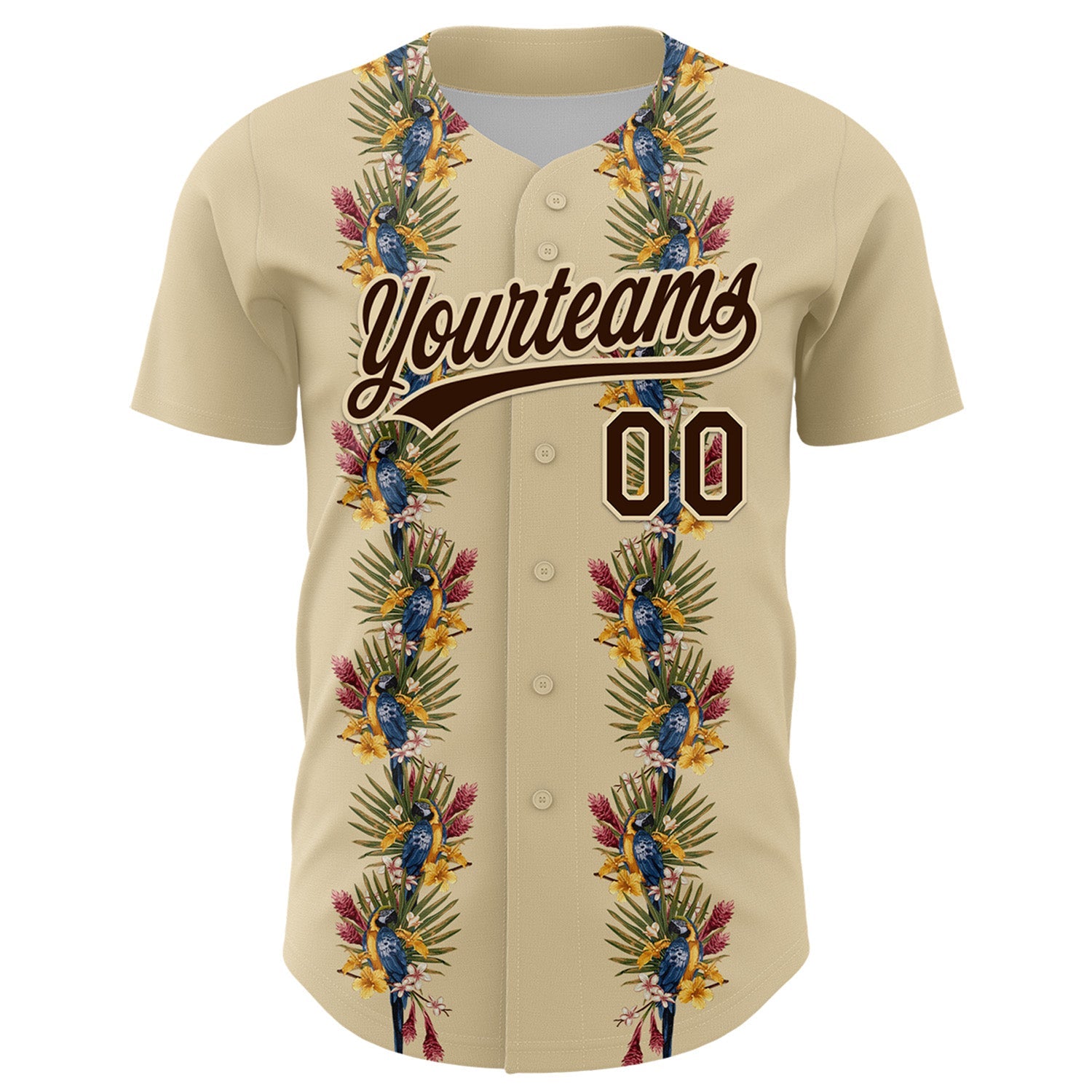 Custom Cream Brown 3D Tropical Hawaii Palm Tree And Bird Authentic Baseball Jersey view 2