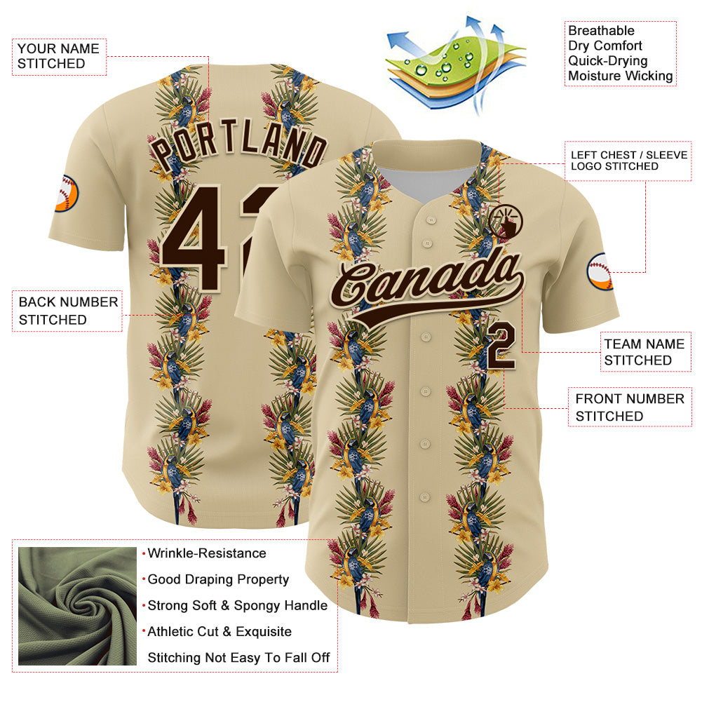 Custom Cream Brown 3D Tropical Hawaii Palm Tree And Bird Authentic Baseball Jersey view 3