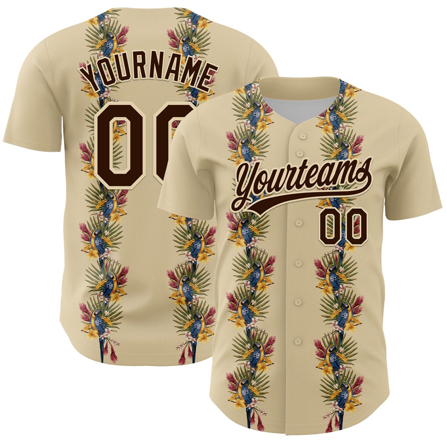 Custom Cream Brown 3D Tropical Hawaii Palm Tree And Bird Authentic Baseball Jersey - Main View
