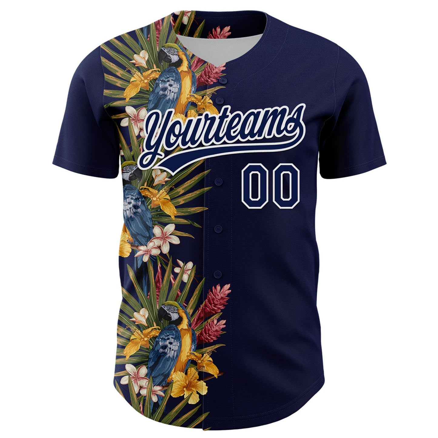 Custom Navy White 3D Tropical Hawaii Palm Tree And Bird Authentic Baseball Jersey view 2